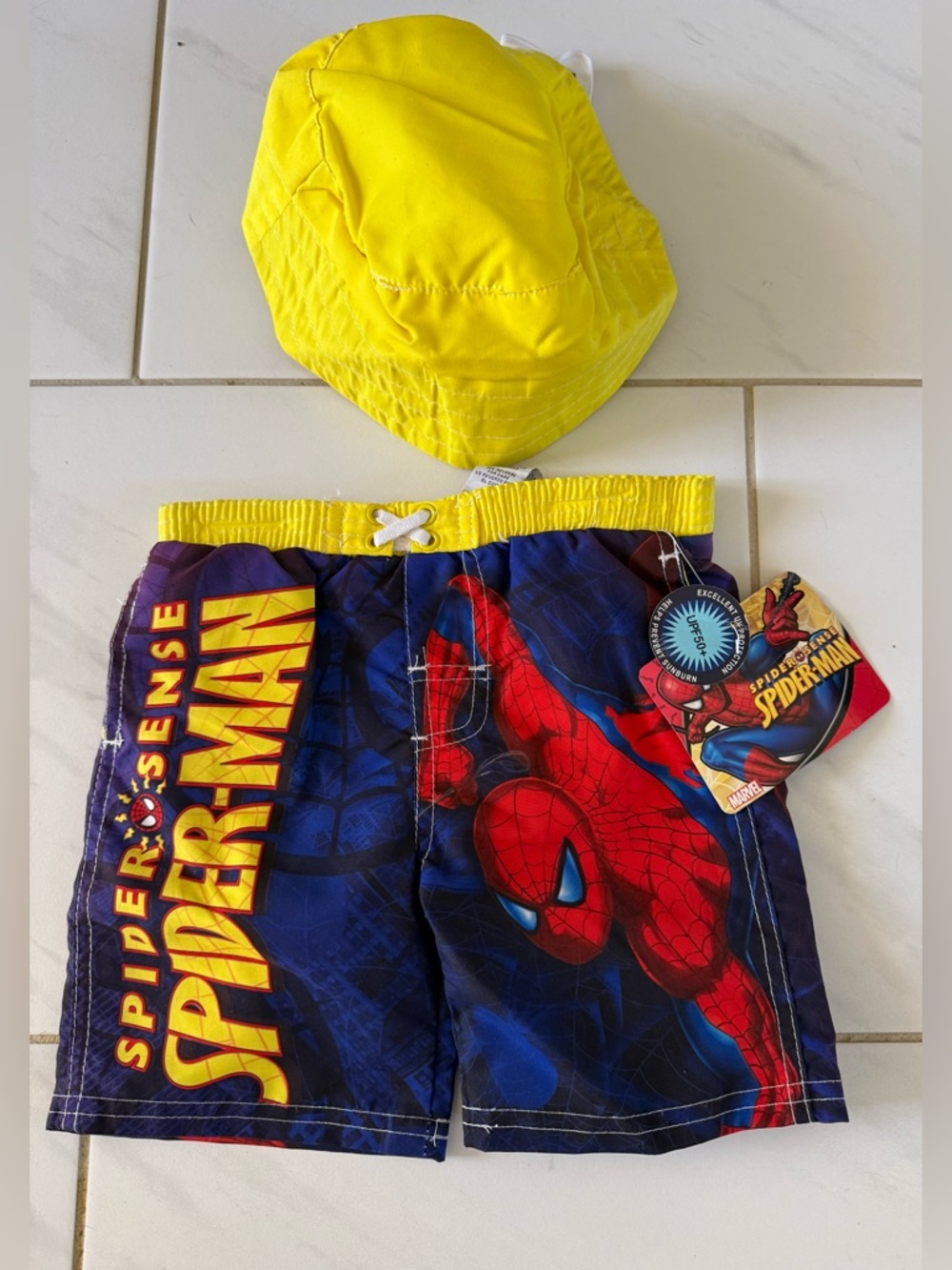 Marvel Spider-Man Blue and Red Swim Shorts with Yellow Bucket Hat (Size 18M) NWT